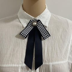 Faux Pearl Decor Bow Tie Houndstooth Bow Tie Brooch Neck Ties Collar Pins