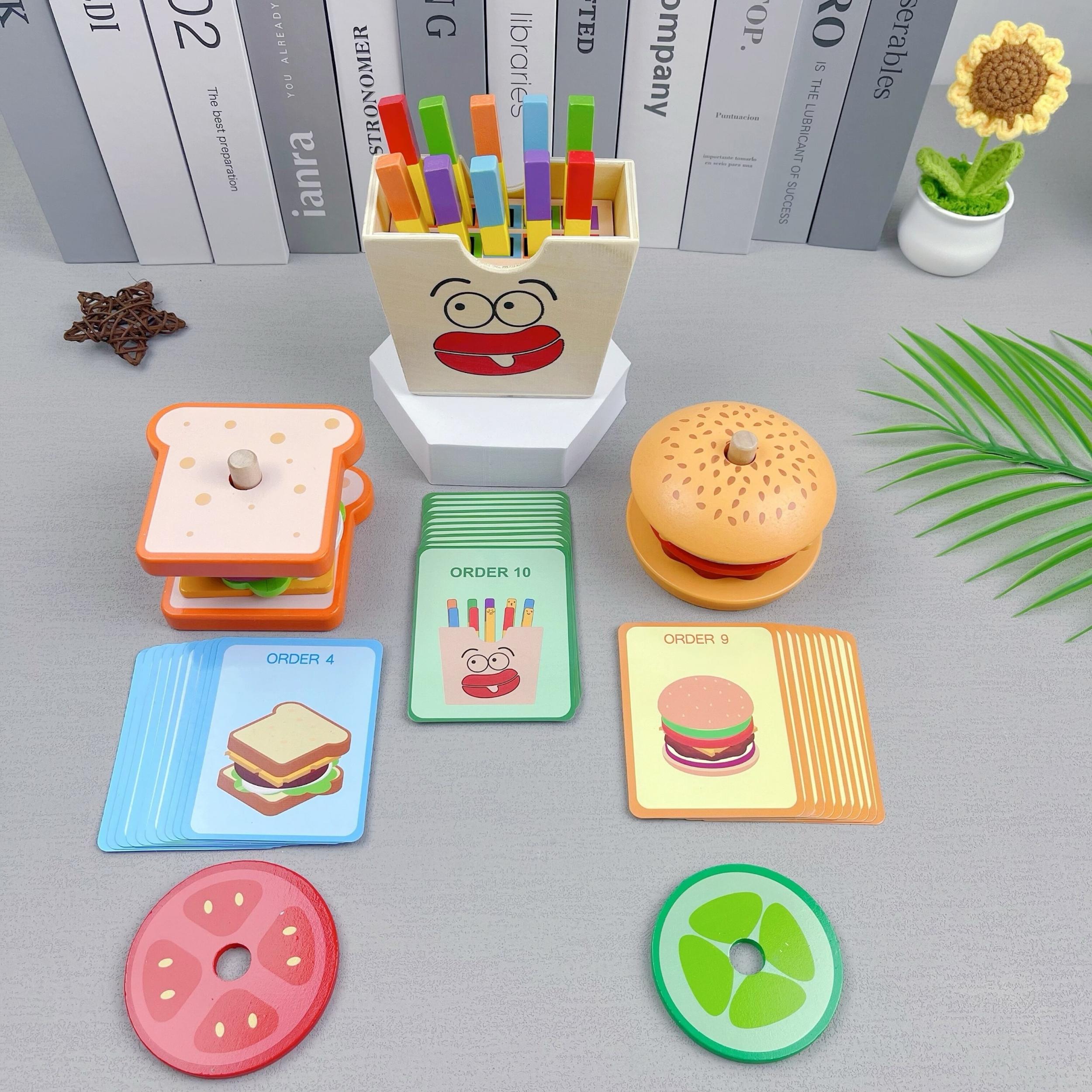 Wooden Pretend Play Food Set Hamburger Fries & Sandwich Kitchen Role Play Toys