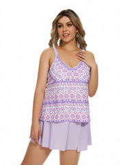 Paisley Print Tankini Set - V Neck Cami Top & Mini Skirt Swimsuit