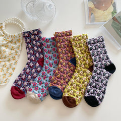 5 Pairs 3D Floral Textured Socks Womens Mid Tube Stockings