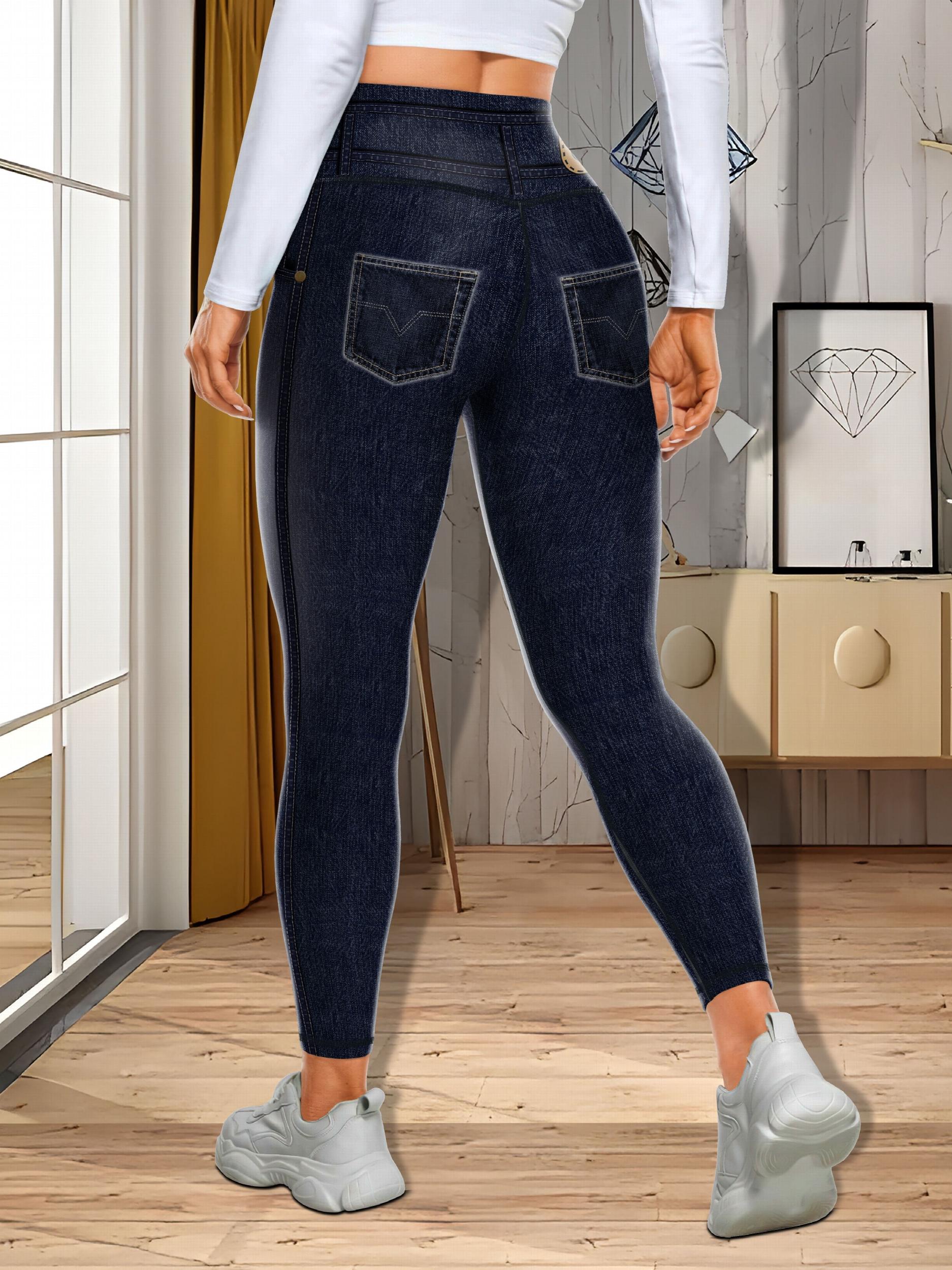Faux Denim Print Yoga Leggings High Waist Butt Lifting Tummy Control