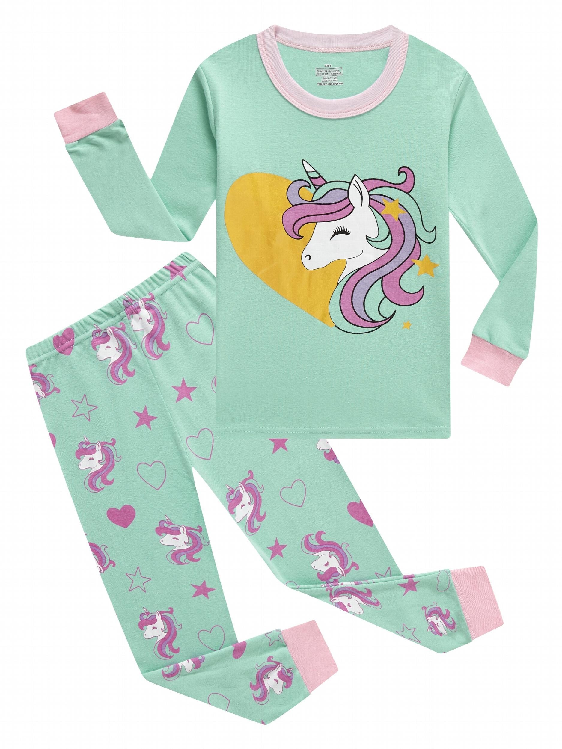 2 Pcs Girls' Unicorn Cotton Pajamas Set Crew Neck Long Sleeve T Shirt & Pants