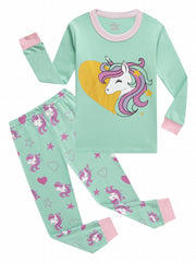2 Pcs Girls' Unicorn Cotton Pajamas Set Crew Neck Long Sleeve T Shirt & Pants