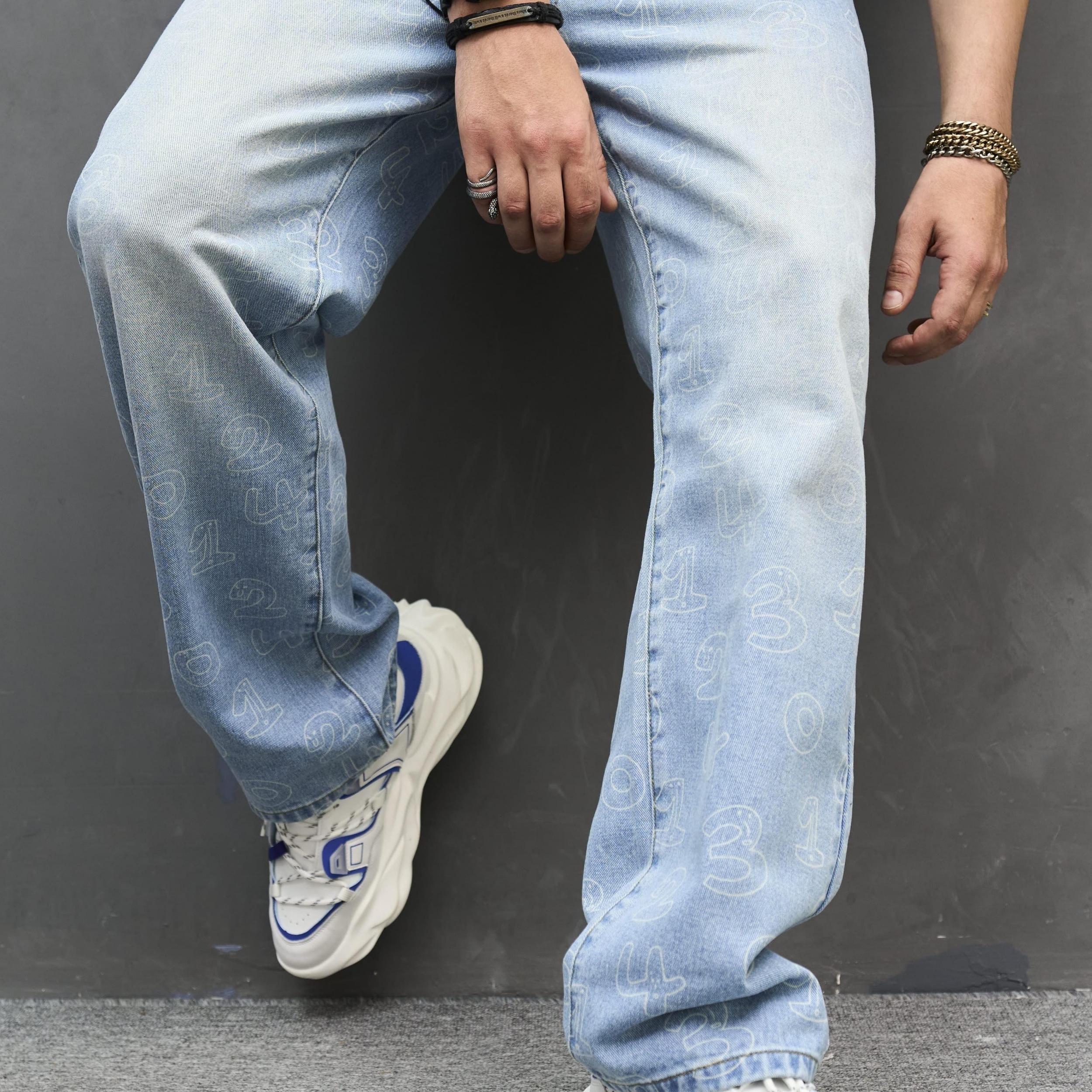 Men's Loose Fit Number Print Jeans Casual Denim Pants