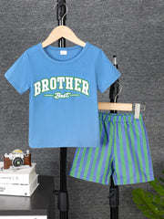 BROTHER Print Boy's 2pcs T shirt & Stripe Shorts Set for Summer