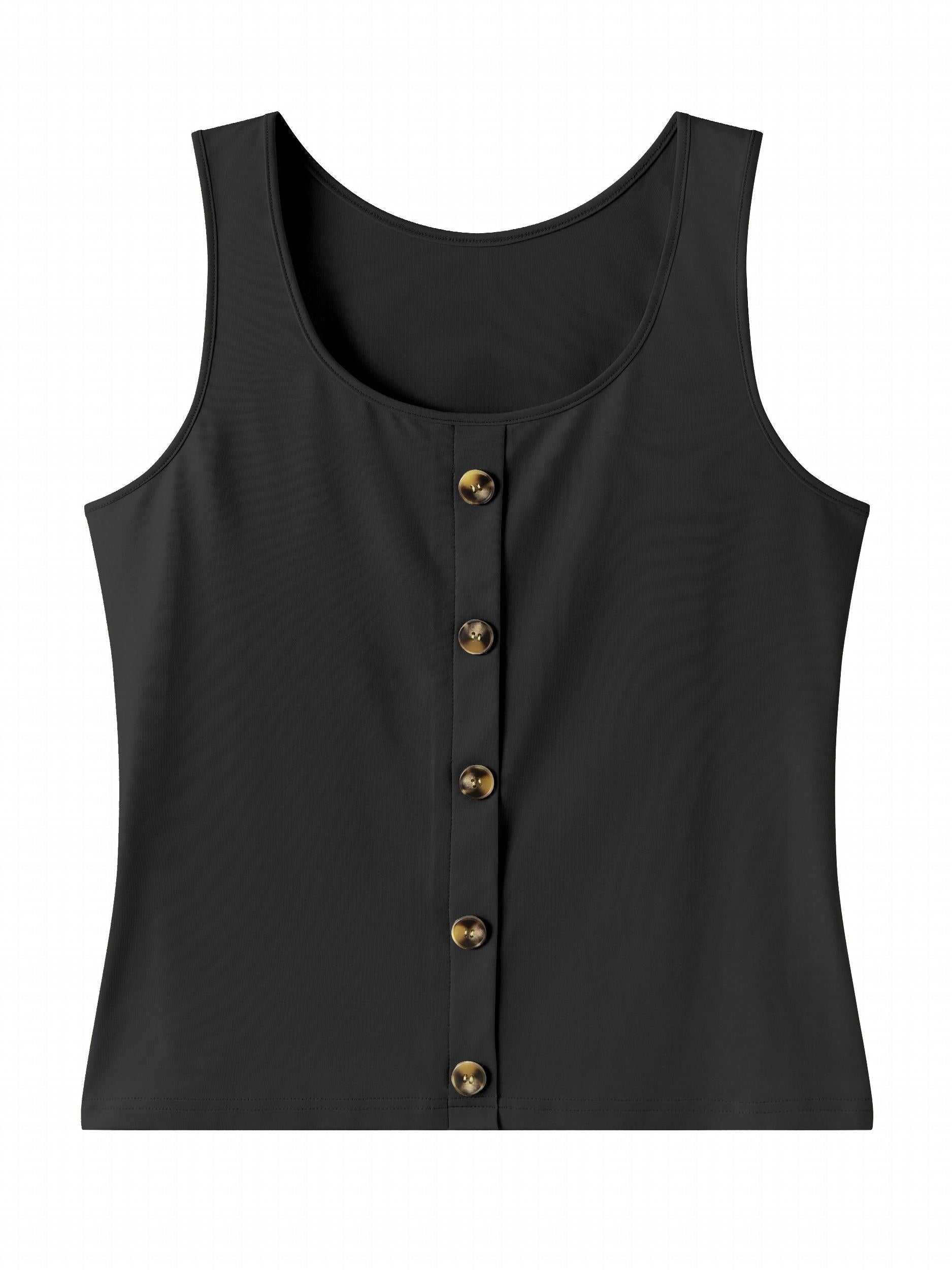 Button Front Tank Top Crew Neck Sleeveless Casual Summer Women's Clothing