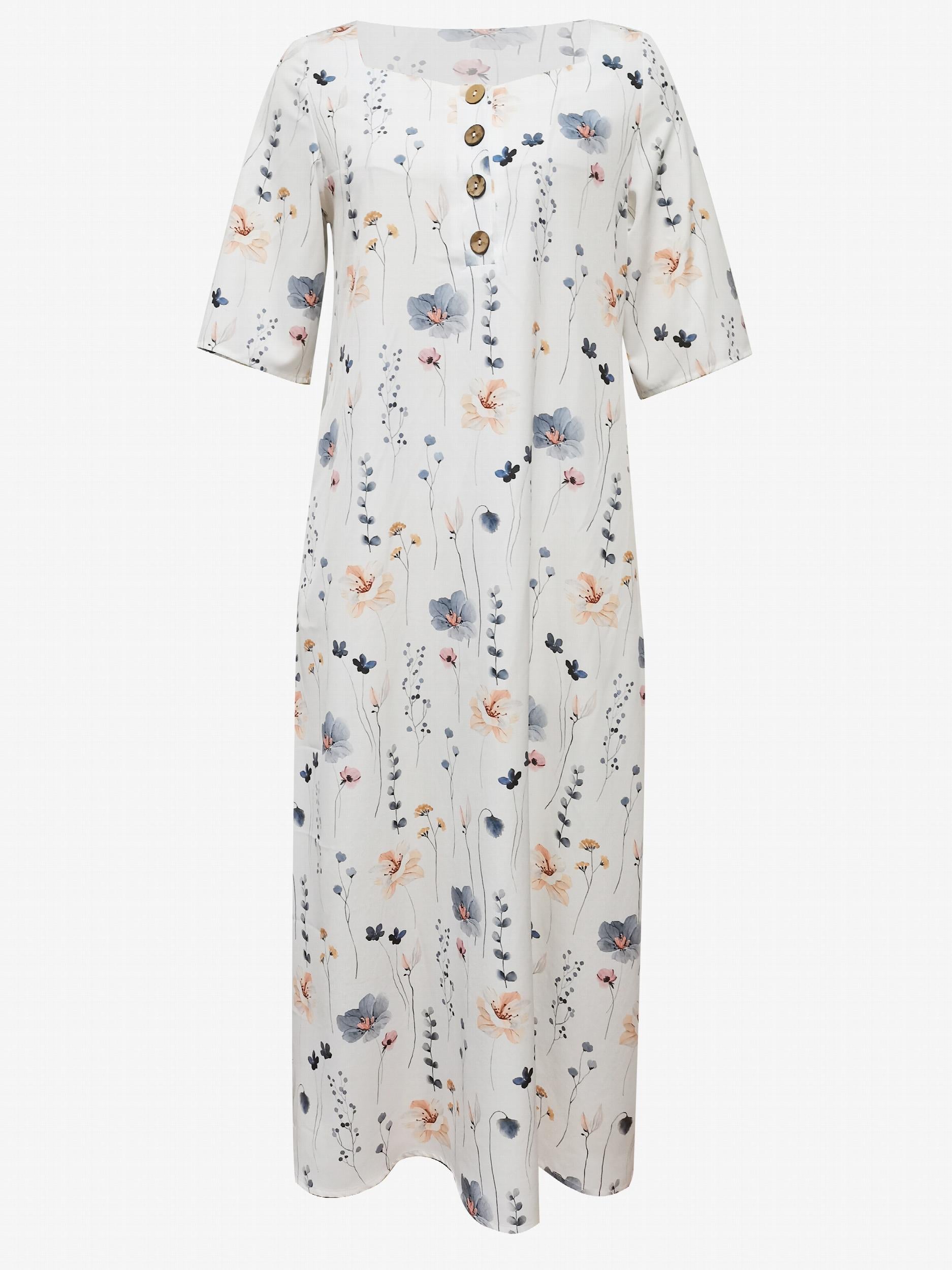 Floral Print Button Front Dress Casual Squared Neck Short Sleeve Dress