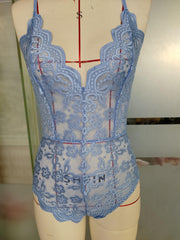Floral Lace Scallop Trim Teddy V-Neck Bodysuit