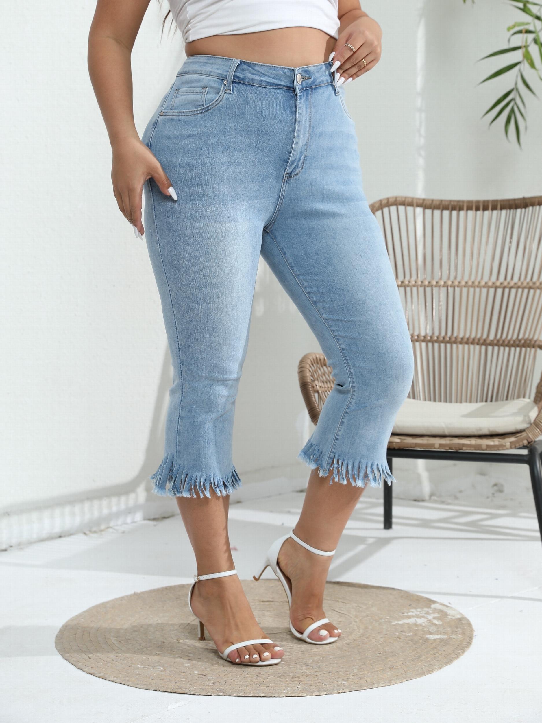 Solid Fringe Trim High Stretch Cropped Jeans