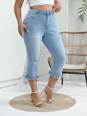 Solid Fringe Trim High Stretch Cropped Jeans