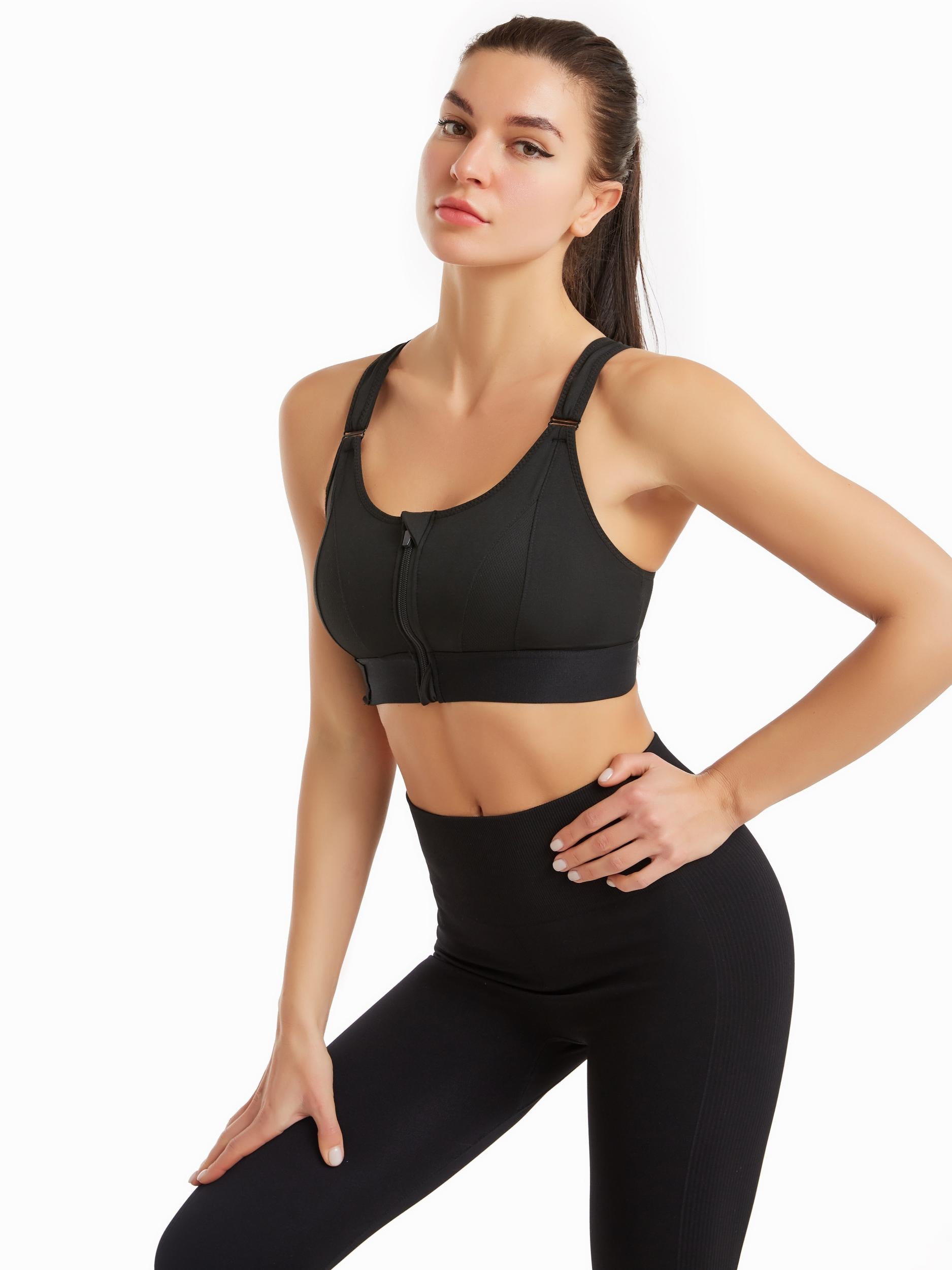 Criss Cross Back Sports Bra Front Zipper Push Up Shockproof Yoga Workout Bra