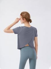 Women's Dark Grey Loose Crew Neck Short Sleeve Yoga T Shirt