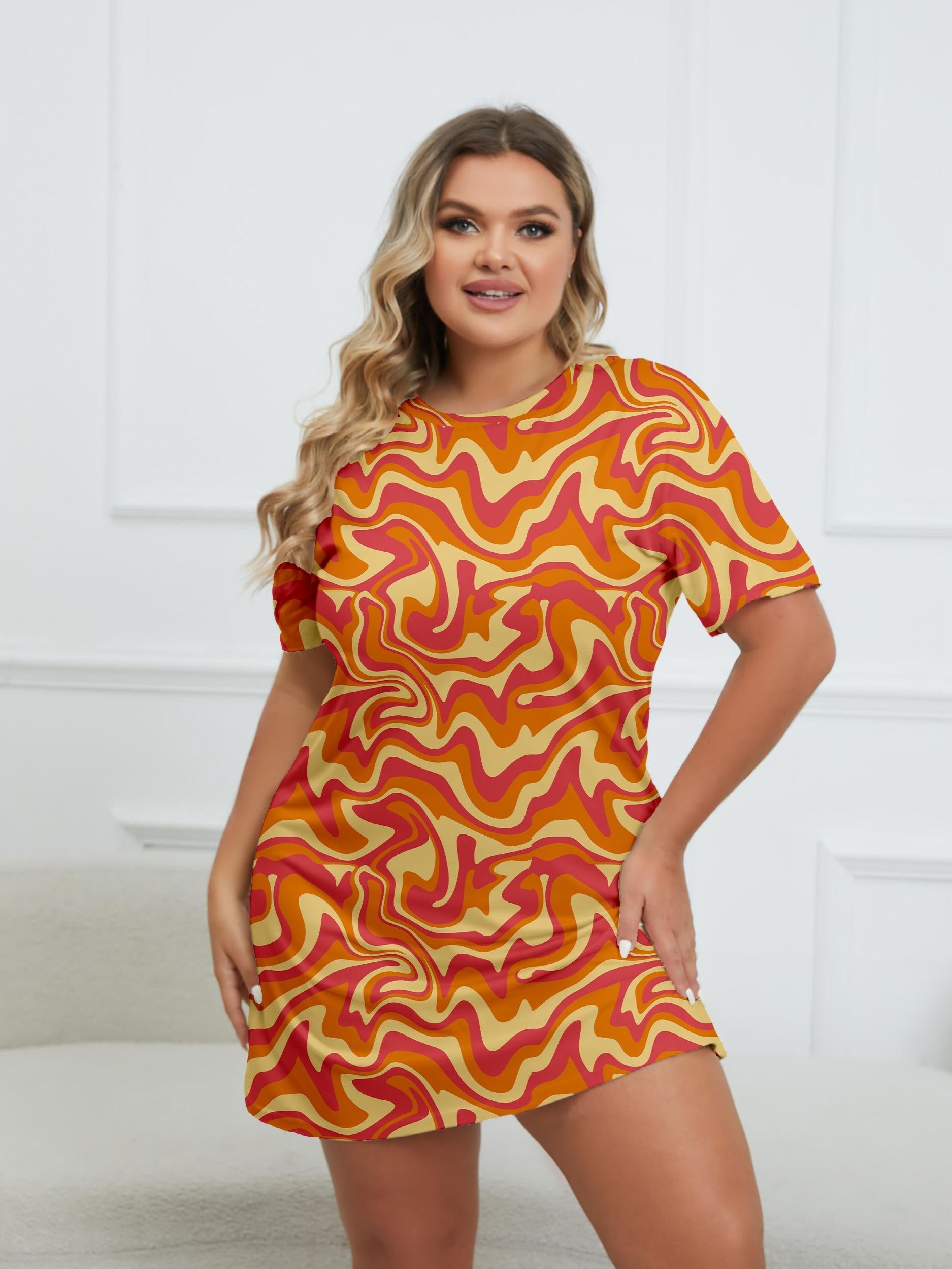 Wavy Print Round Neck Short Sleeve Dress