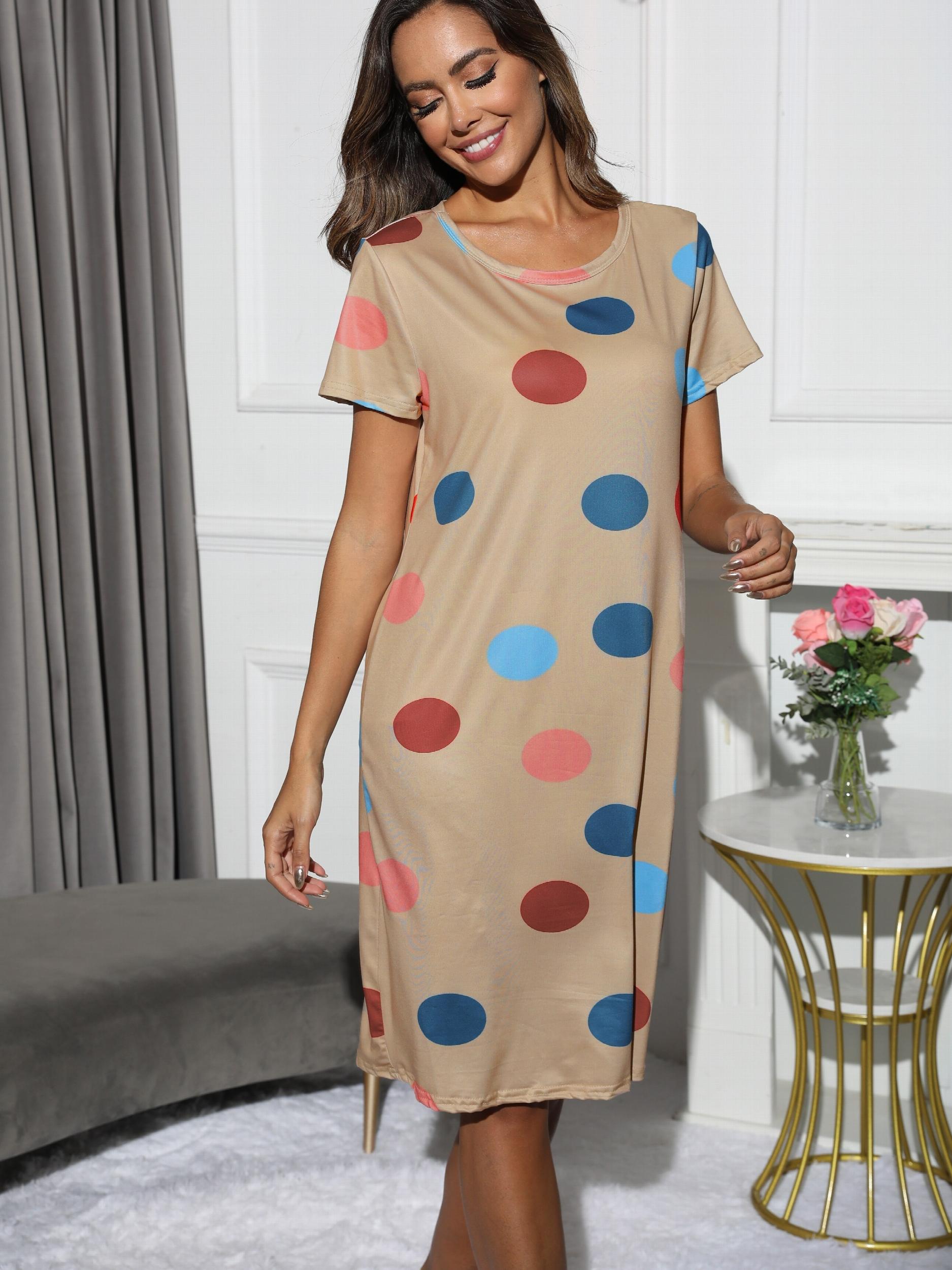 Polka Dot Print Nightdress Crew Neck Short Sleeve Sleep Dress Women's Sleepwear