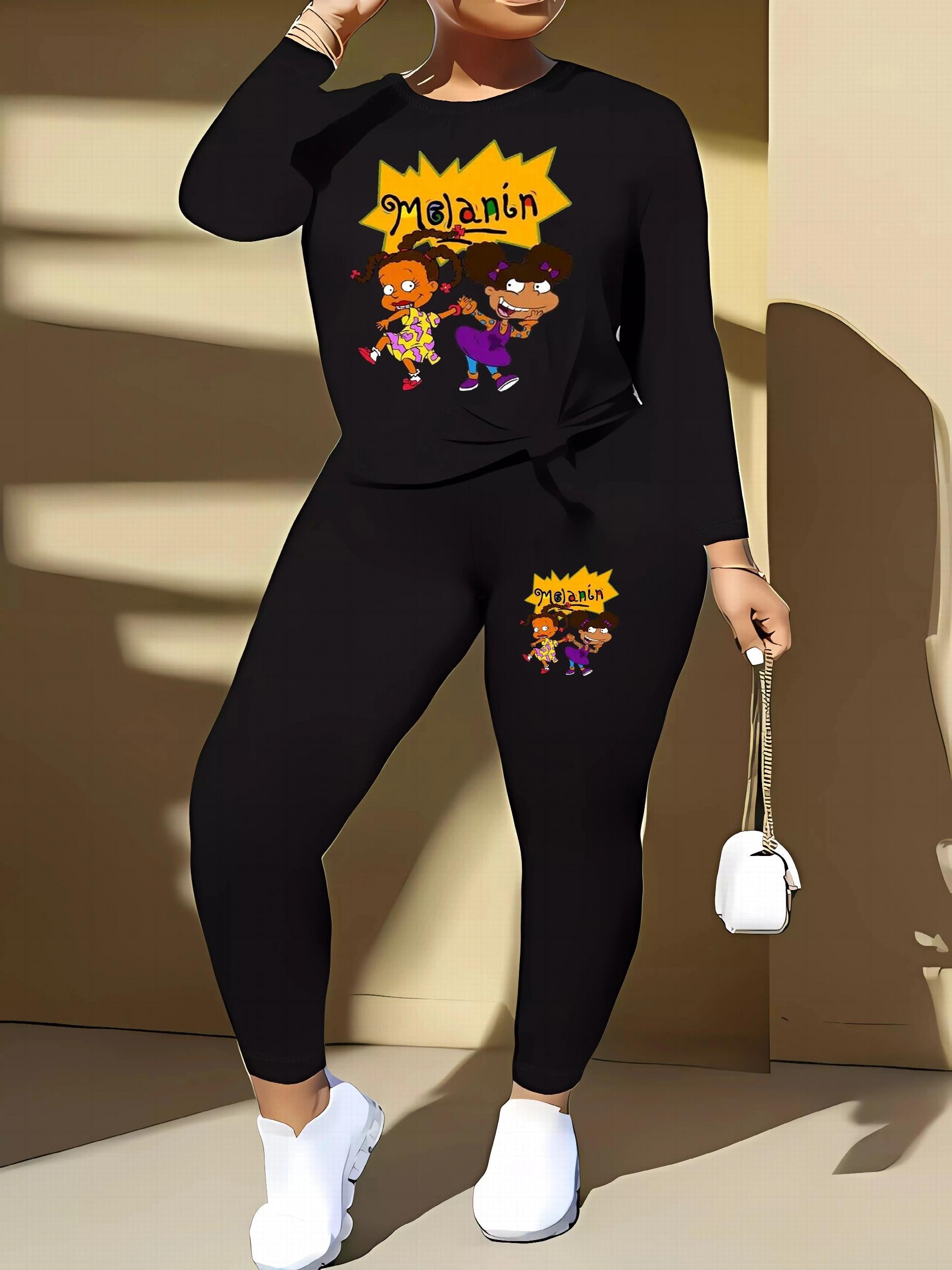 Cartoon Figure & Letter Print Long Sleeve Top & Leggings Set