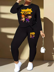 Cartoon Figure & Letter Print Long Sleeve Top & Leggings Set