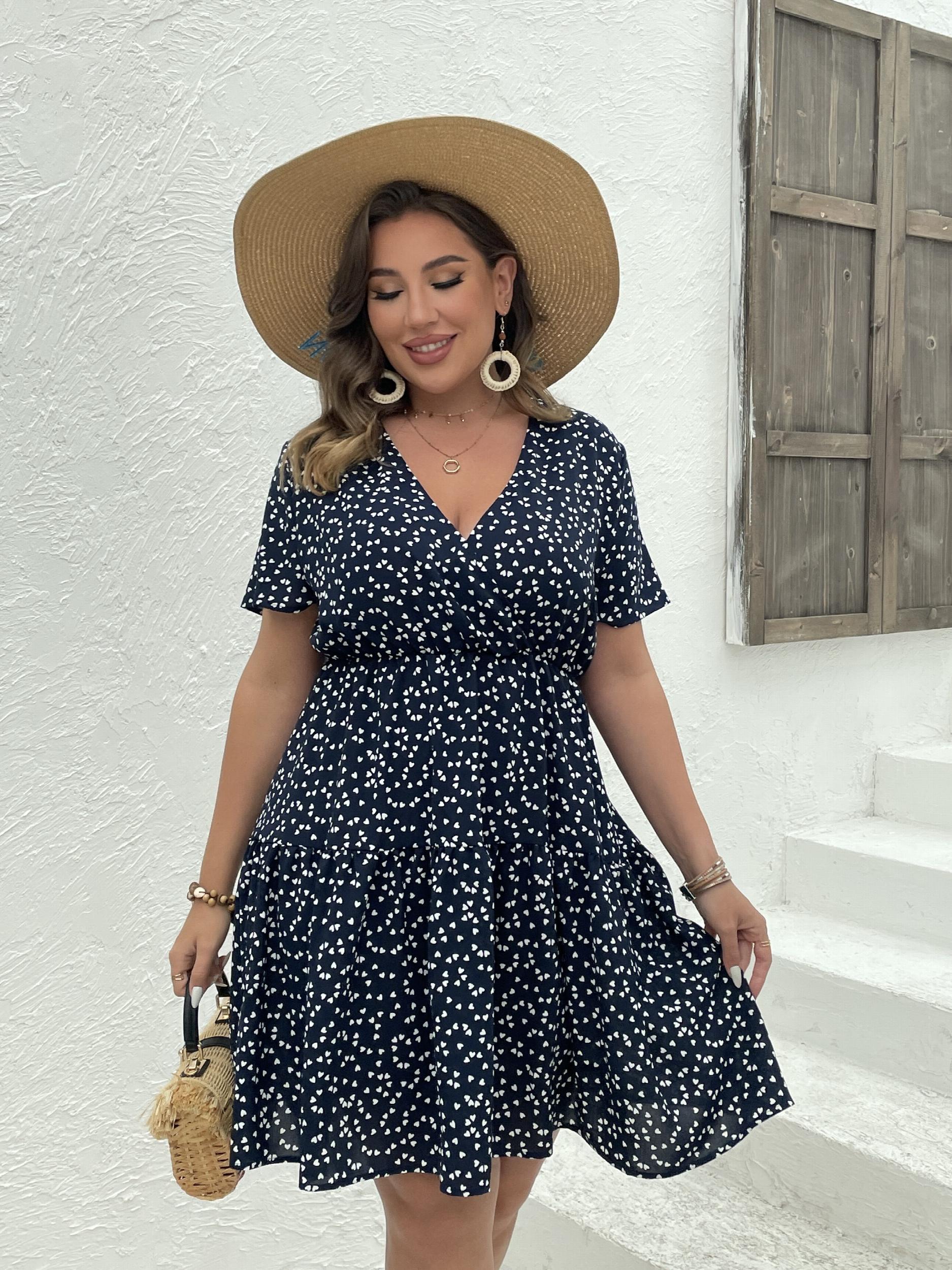 Pin Dots Print V Neck Midi Smock Dress