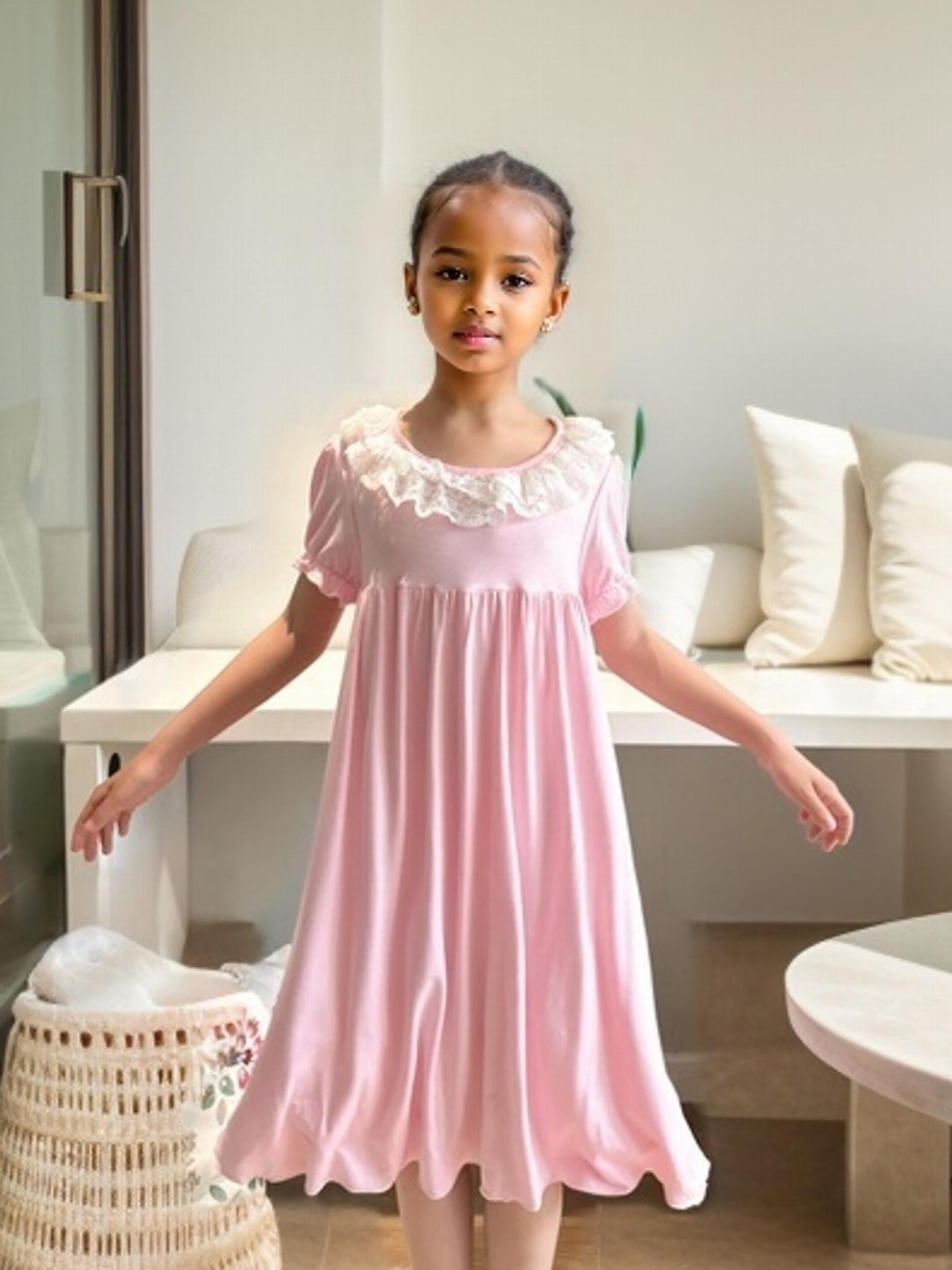 Girls Puff Sleeve Nightdress Lace Round Neck Dress Pajamas