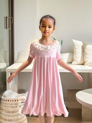 Girls Puff Sleeve Nightdress Lace Round Neck Dress Pajamas