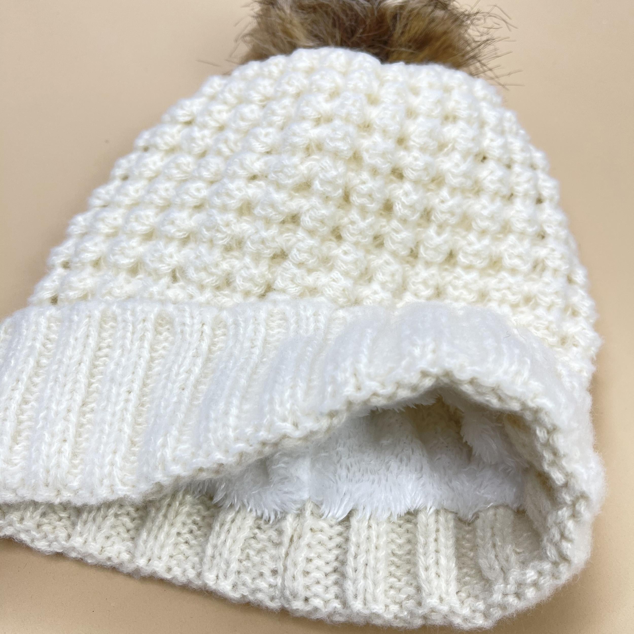 Gray Pom Pom Decor Beanie Ribbed Knitted Knit Hat Thick Warm Ski Hats For Women