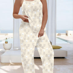 Rabbit Print Cami Top & Wide Leg Pants Pajama Set