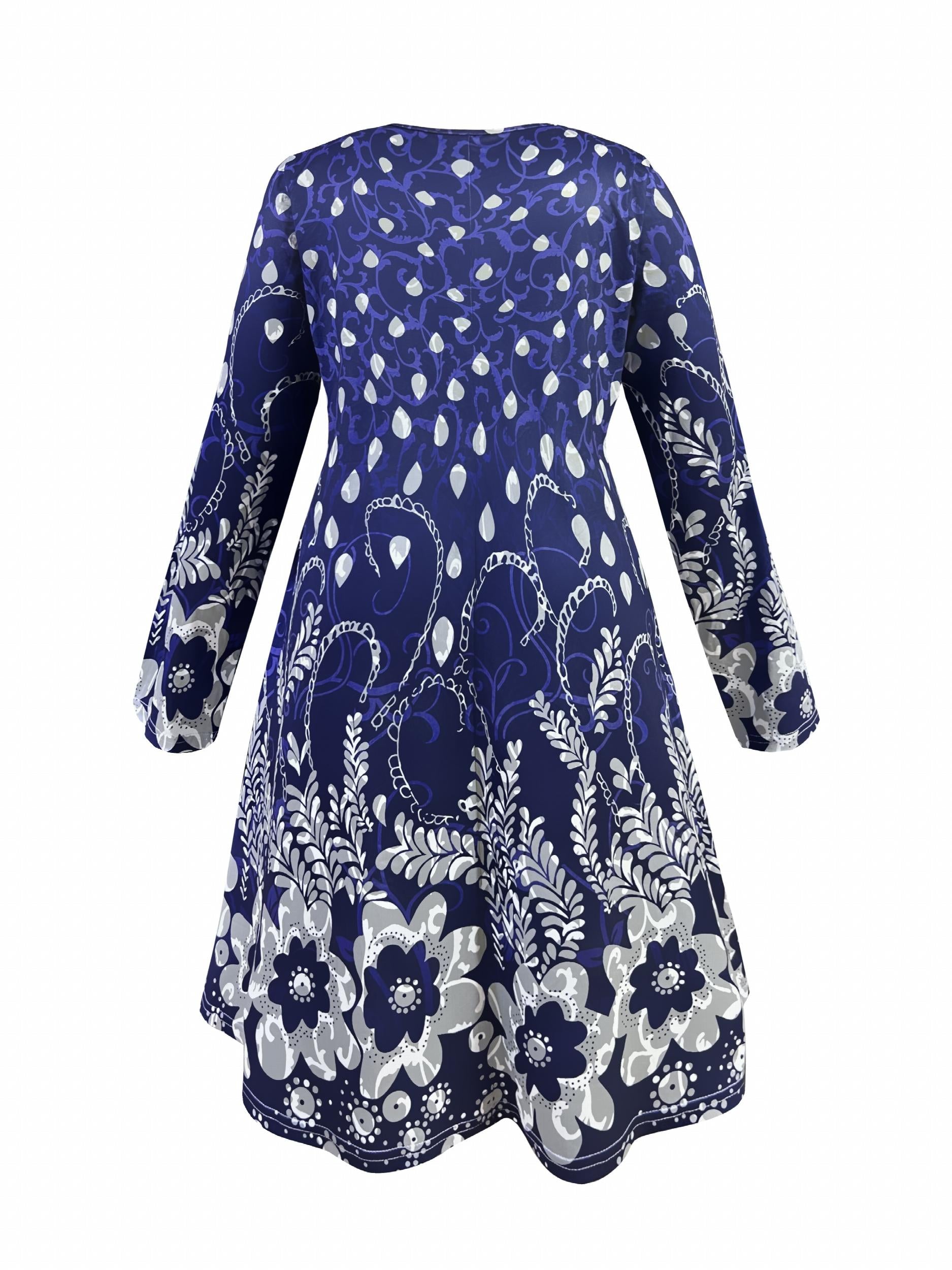 Floral Print Half Zipper Long Sleeve Round Neck A-line Dress