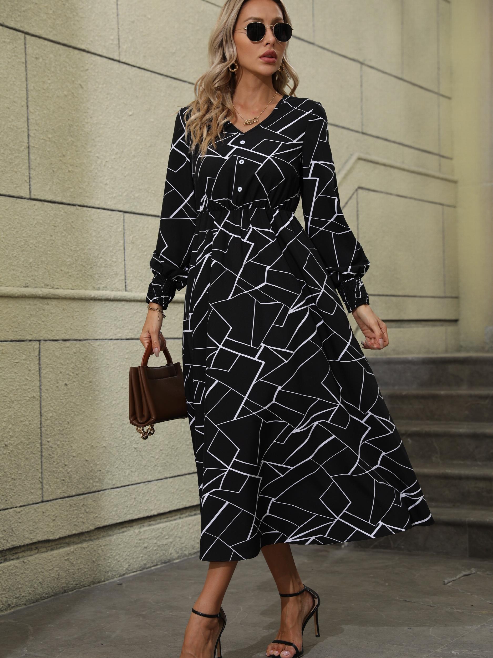 Geo Print Midi Dress V Neck Long Sleeve Dress Women's Clothing