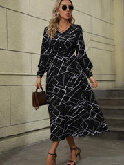 Geo Print Midi Dress V Neck Long Sleeve Dress Women's Clothing