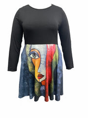 Colorblock Abstract Print Round Neck Dress with Belt