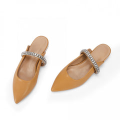 Women's Pointed Toe Rhinestone Flat Mules Slip On Backless Sandals