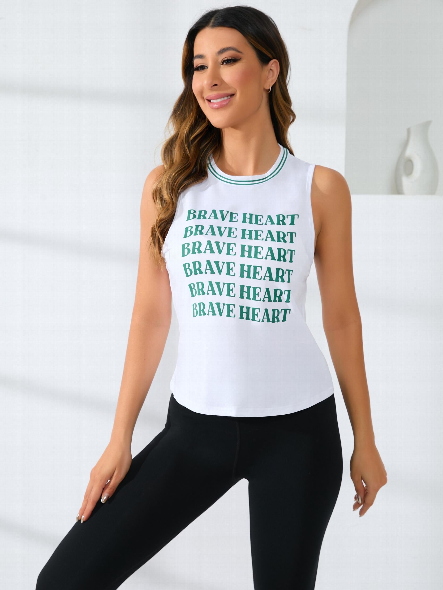Letter Graphic Round Neck Sports Tank Top Sleeveless Workout Vest T shirt Women