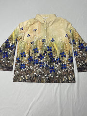 Butterfly & Floral Print Button Up Long Sleeve Blouse