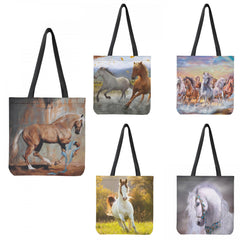 Retro Horse Print Shoulder Bag Polyester Large Capacity Shopping Bag Women