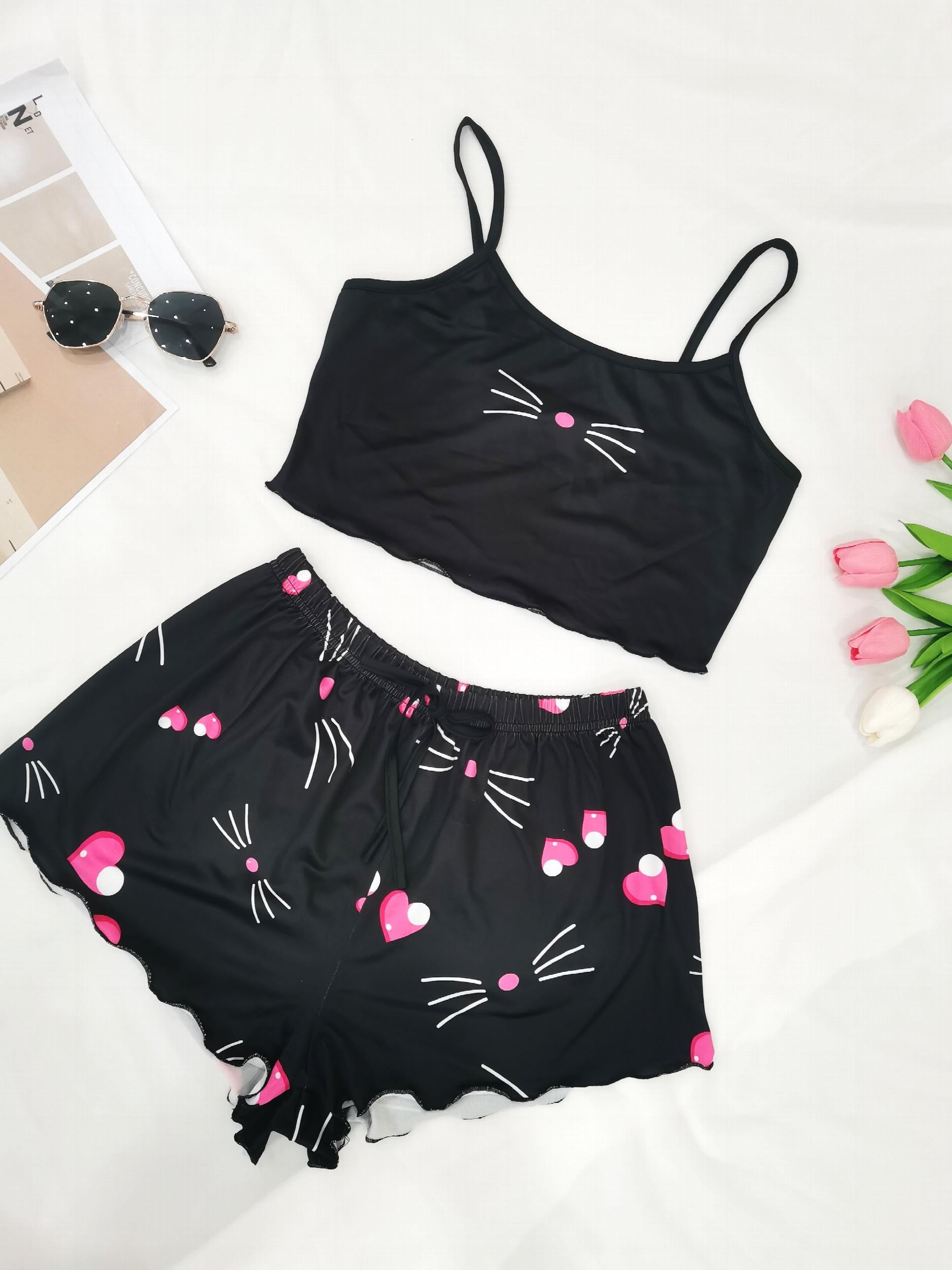 Cat Print Pajama Set Cami Top & Shorts