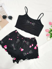 Cat Print Pajama Set Cami Top & Shorts