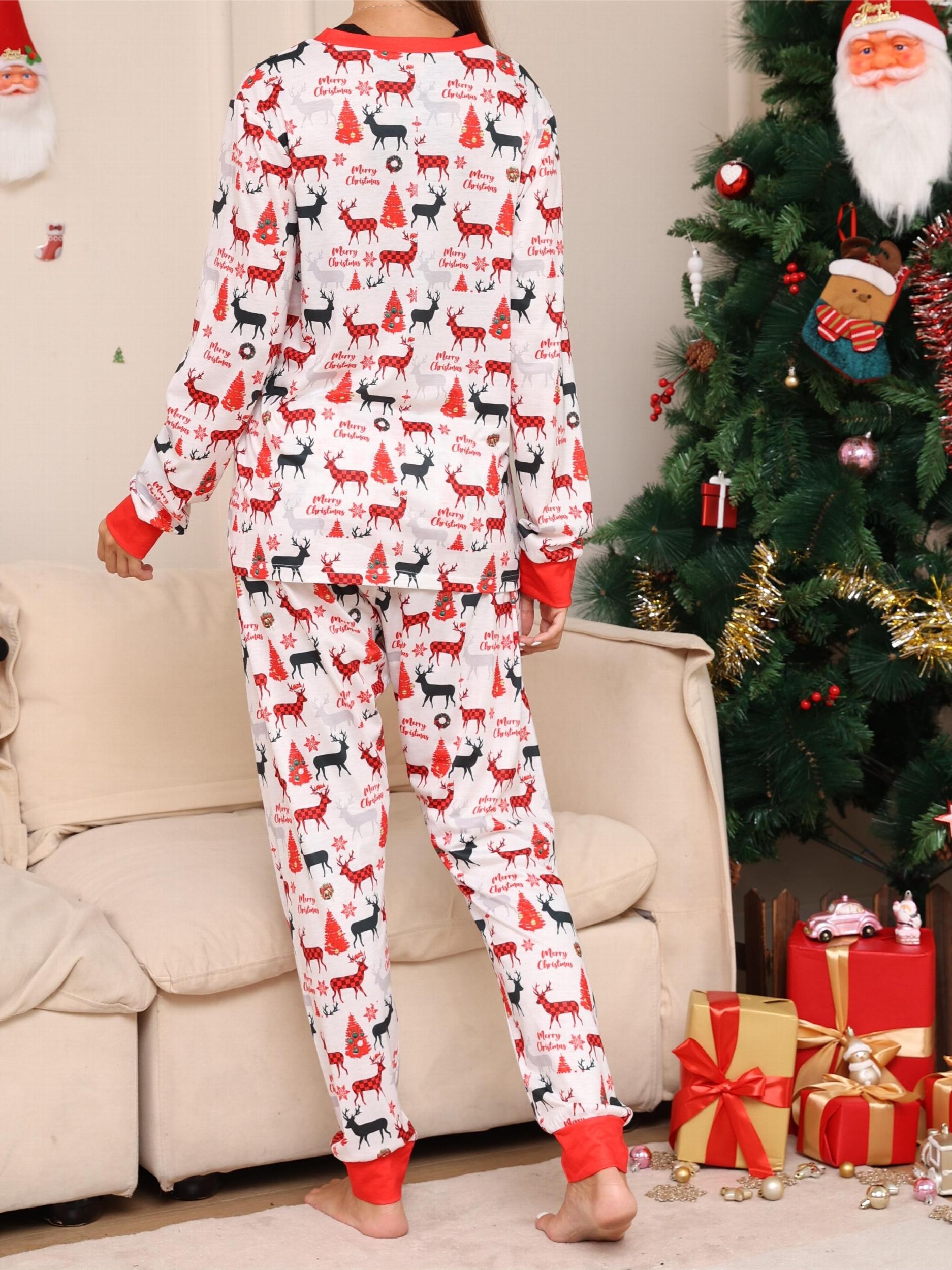 Christmas Pajama Set Women's Plus Elk & Snowflake Print Tee & Joggers