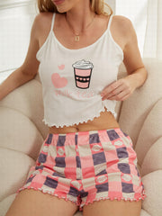 Heart Print Pajama Set Crew Neck Cami Top & Plaid Shorts