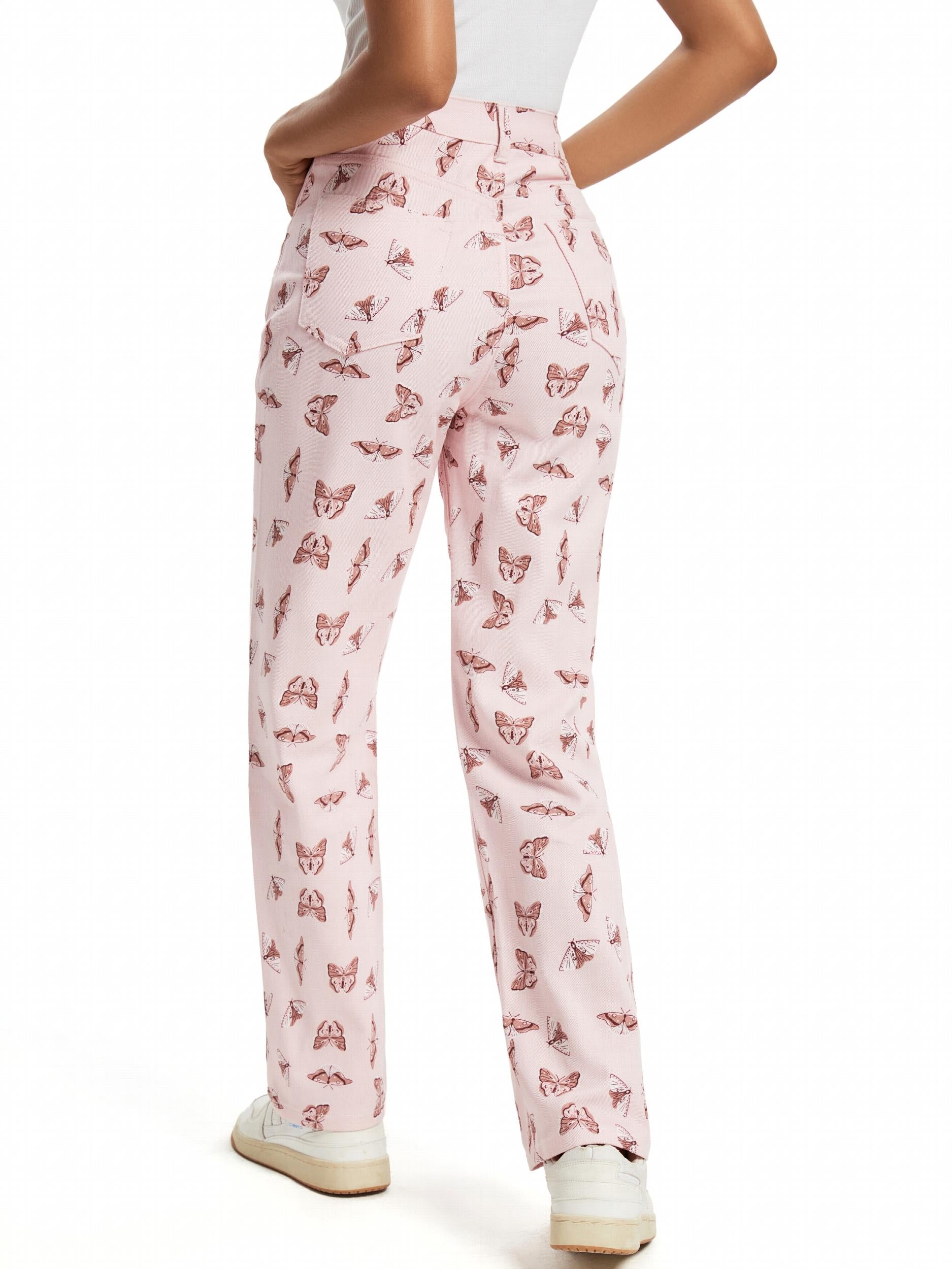 Butterfly Print Pink Straight Leg Jeans