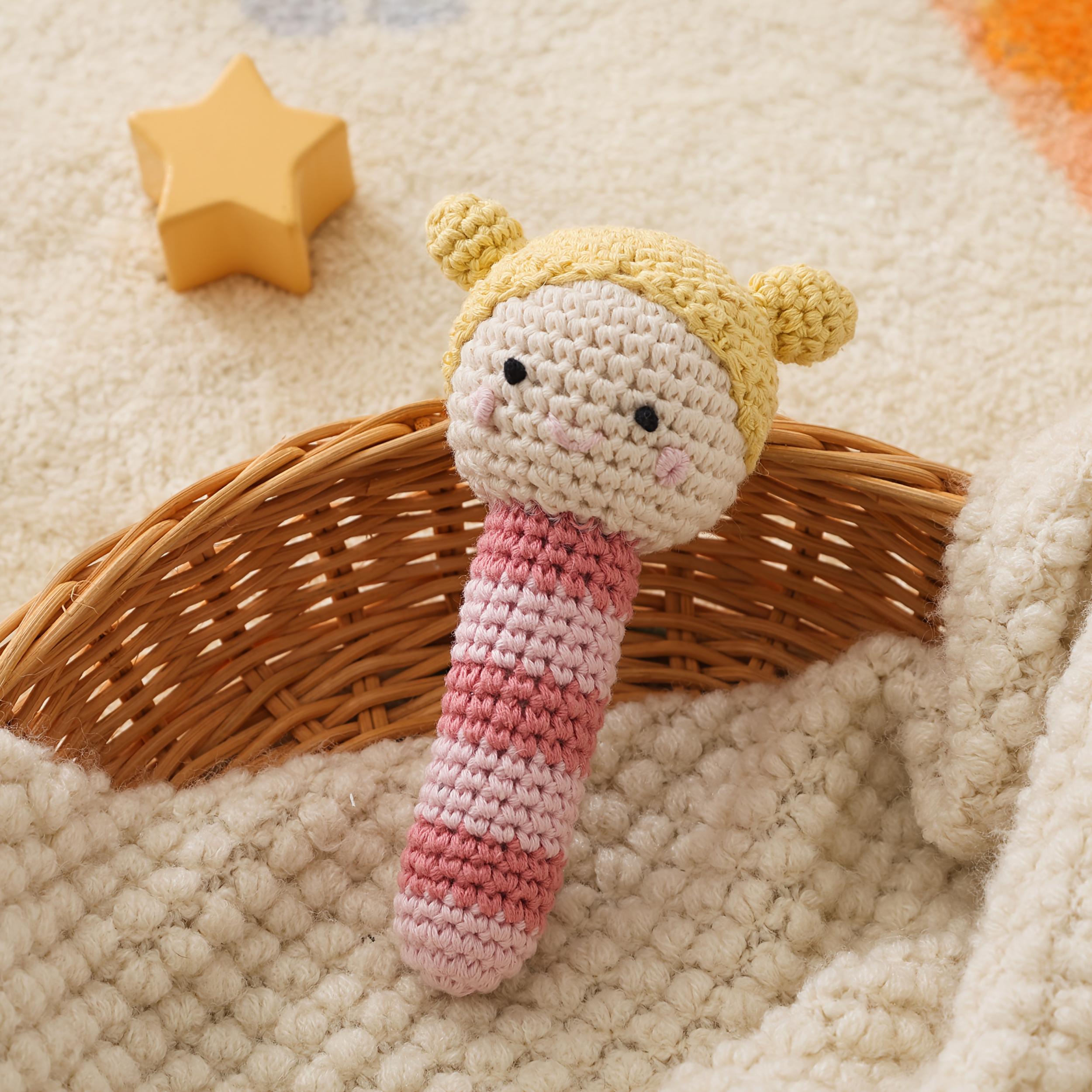Crochet Rattle Toy Soft Nylon Blend Animal Yellow Pink Stripes