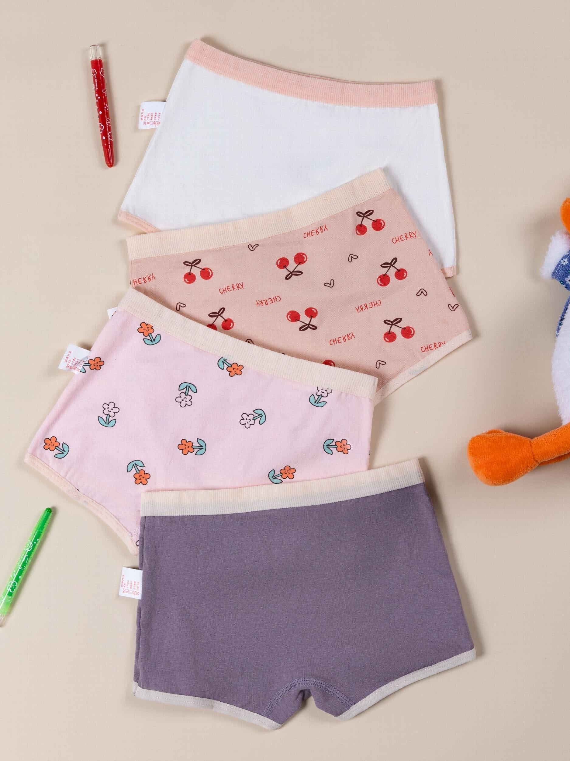 4pcs Girl's Cotton Cartoon Printed Boxer Briefs