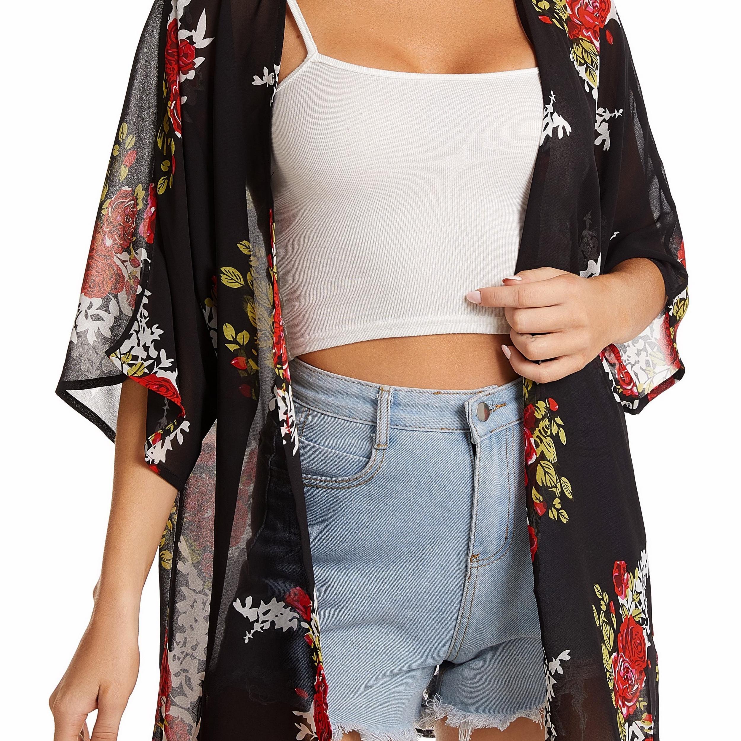 Floral Print Chiffon Kimono Beachwear Loose Casual Cardigan