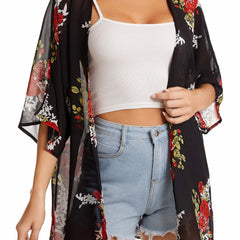 Floral Print Chiffon Kimono Beachwear Loose Casual Cardigan
