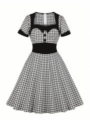 Colorblock Gingham Print Sweetheart Neck A-line Dress