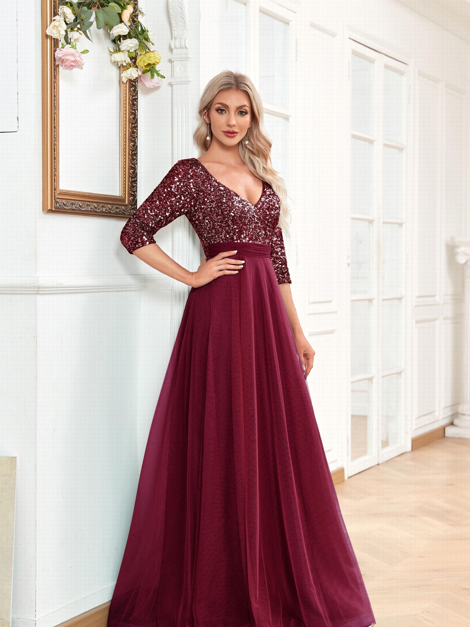 V Neck Sequin Long Dress Chiffon Sleeve Waist Evening Gown