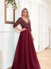V Neck Sequin Long Dress Chiffon Sleeve Waist Evening Gown