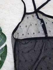 Polka Dot Mesh Crisscross Teddy Bodysuit