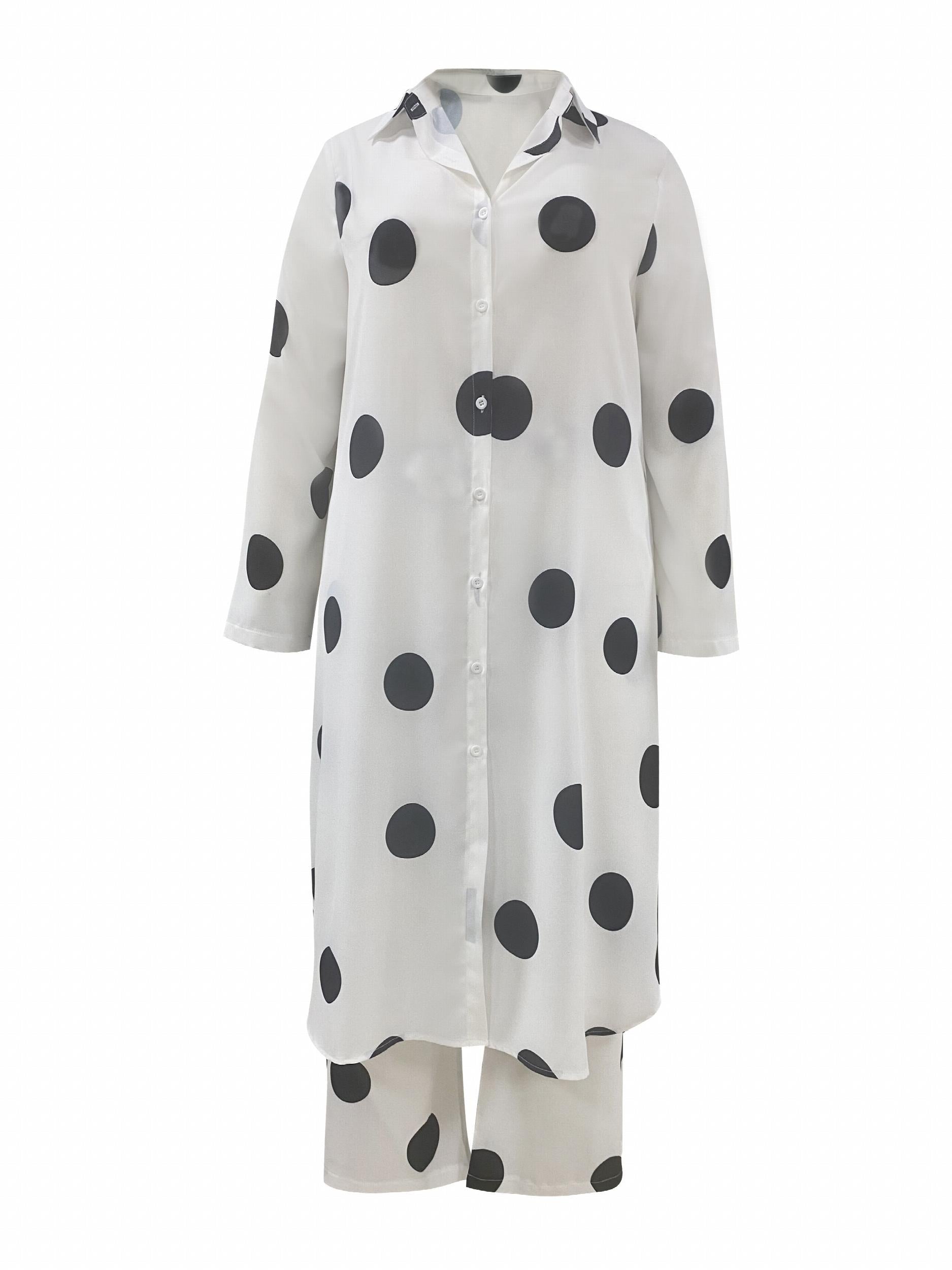 Dot Print Long Sleeve Shirt Top & Wide Leg Pants Set