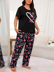 Heart & Art Print Tee & Pants Pajama Set