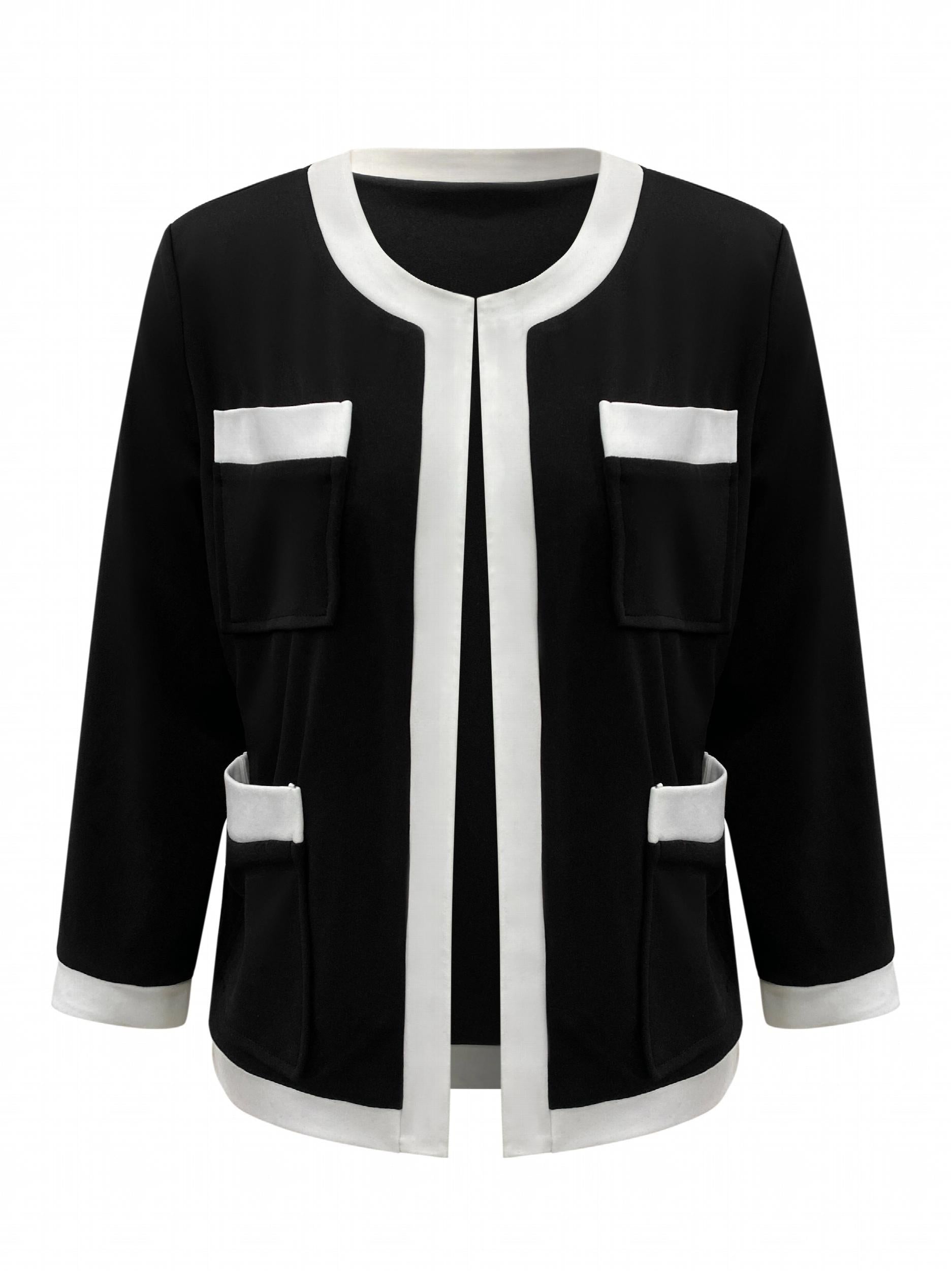 Block Open Front Jacket Crew Neck Comfy Outerwear