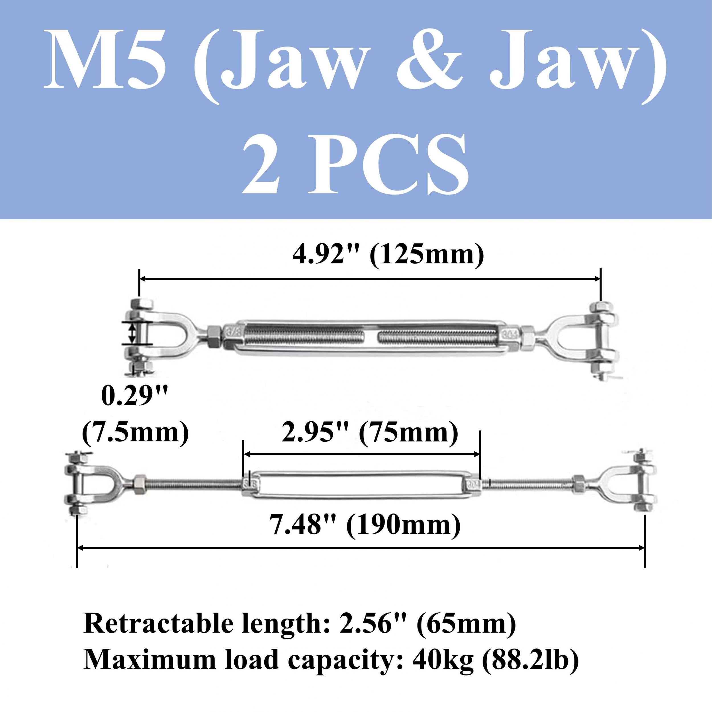 2pcs M5 M12 Jaw Jaw Turnbuckle 304 Stainless Steel Heavy Duty Wire Rope Tens